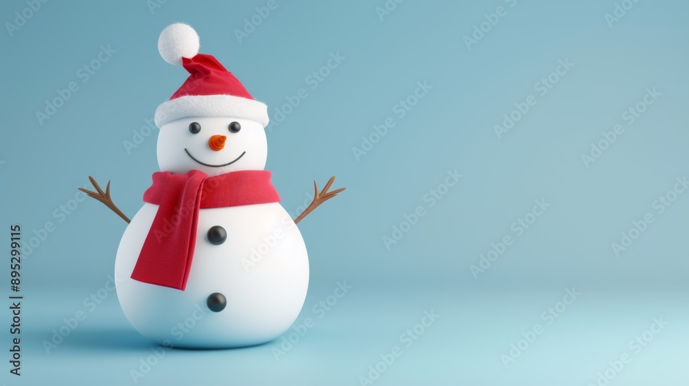 A snowman with a red scarf and a santa hat is standing on a blue background A snowman with a red scarf and a santa hat is standing on a blue background