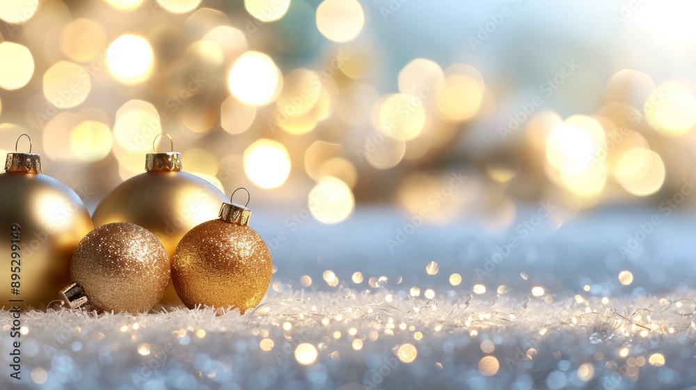 Three golden ornaments are sitting on a snowy surface Three golden ornaments are sitting on a snowy surface