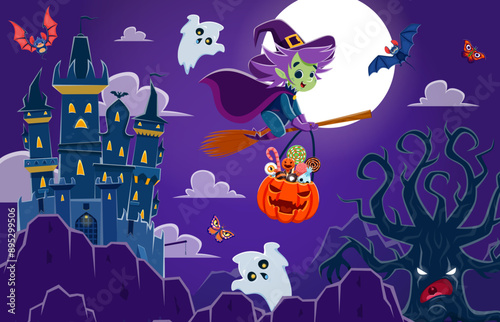 Halloween landscape with flying witch, kawaii ghosts, bats and dark castle in the mountains. Vector spooky night scene with hag riding broom, against the moon, casting an eerie glow on a lurking tree