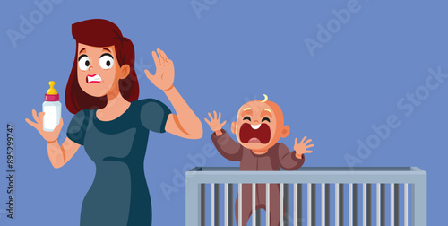 Hungry Baby Making Mom Hurry with Formula Bottle Vector Illustration. Tired mom feeling stressed out by being a single parent 
