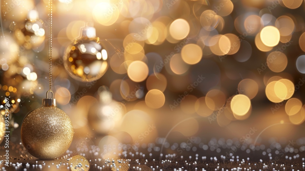 A gold ornament hangs from a tree with other gold ornaments A gold ornament hangs from a tree with other gold ornaments