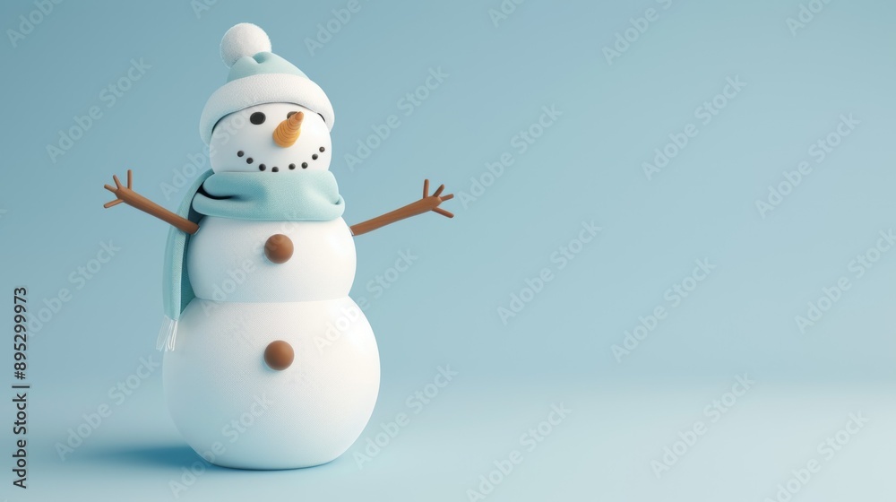 A snowman with a blue scarf and hat stands on a blue background A snowman with a blue scarf and hat stands on a blue background