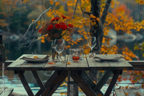 Autumn table setting in the park. Glasses, cutlery and flowers on the table.