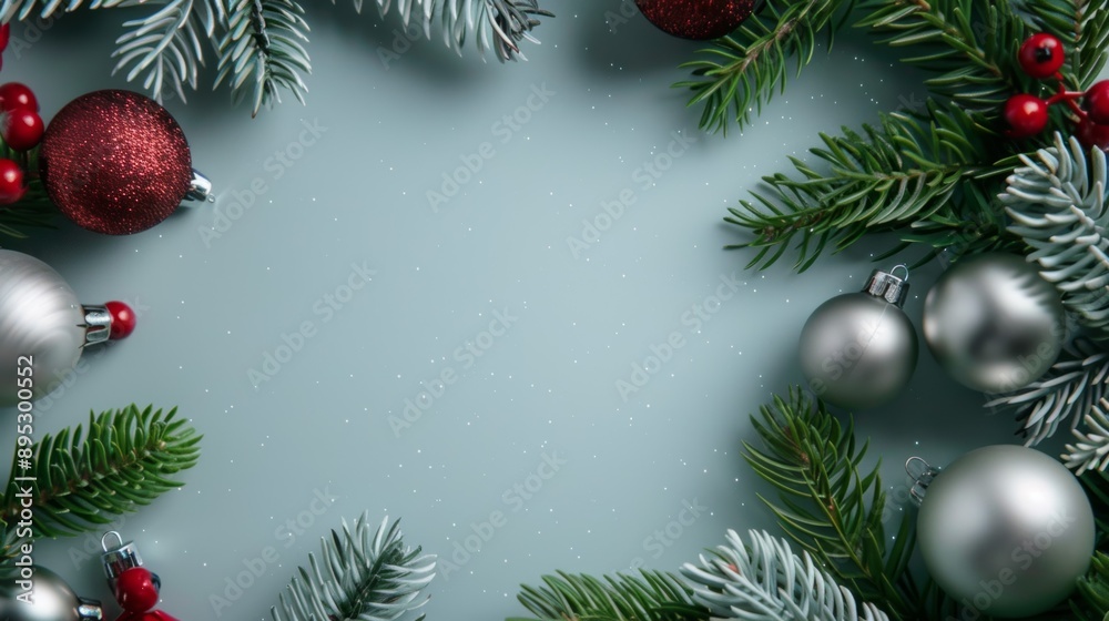 A Christmas tree with blue background and a silver and red ornament A Christmas tree with blue background and a silver and red ornament