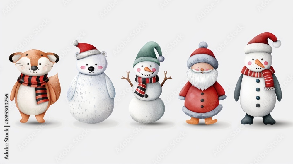 A group of snowmen and a fox are wearing hats and scarves