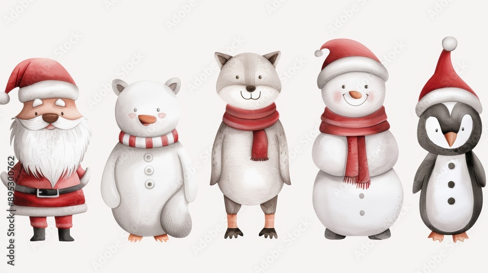 A group of cartoon animals wearing red scarves and hats, including a penguin A group of cartoon animals wearing red scarves and hats, including a penguin
