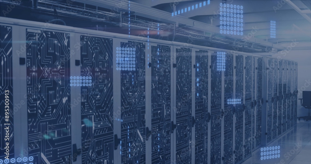 Image of circuit board and data processing over computer servers Image of circuit board and data processing over computer servers