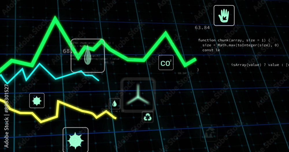 Green line graph and environmental icons image over grid background Green line graph and environmental icons image over grid background