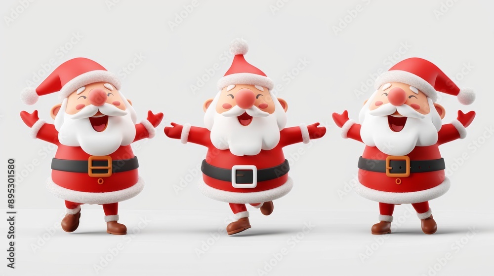 Three santa claus are standing in a row, each with a different pose Three santa claus are standing in a row, each with a different pose