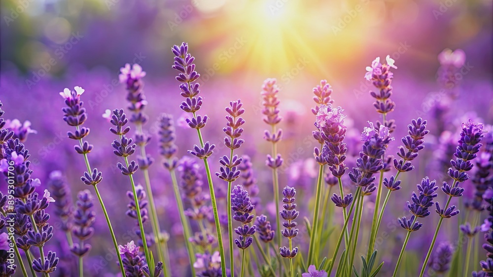 Naklejka premium Lavender flowers blooming in vibrant purple color, perfect for relaxation in the summer , Lavender, flowers, blooming, purple