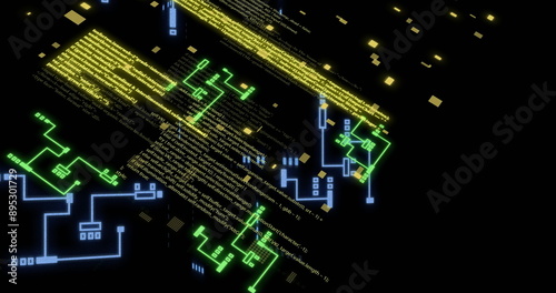 Image of digital data processing over circuit board on black background