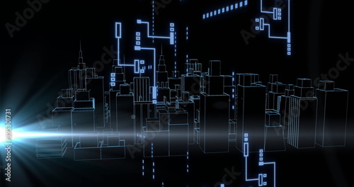 Image of digital data processing over circuit board on black background