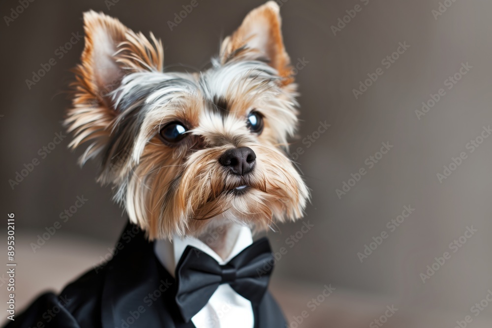Portrait of a Yorkshire Terrier dog dressed in a formal tuxedo suit
Portrait of a Yorkshire Terrier dog dressed in a formal tuxedo suit