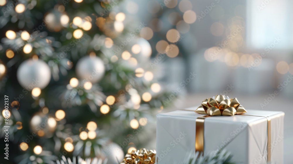 A white box with a gold bow sits in front of a Christmas tree A white box with a gold bow sits in front of a Christmas tree