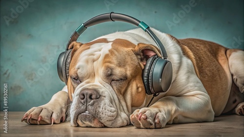 American Bulldog enjoying music through headphones for relaxation, dog, American Bulldog, headphones, music, relaxation