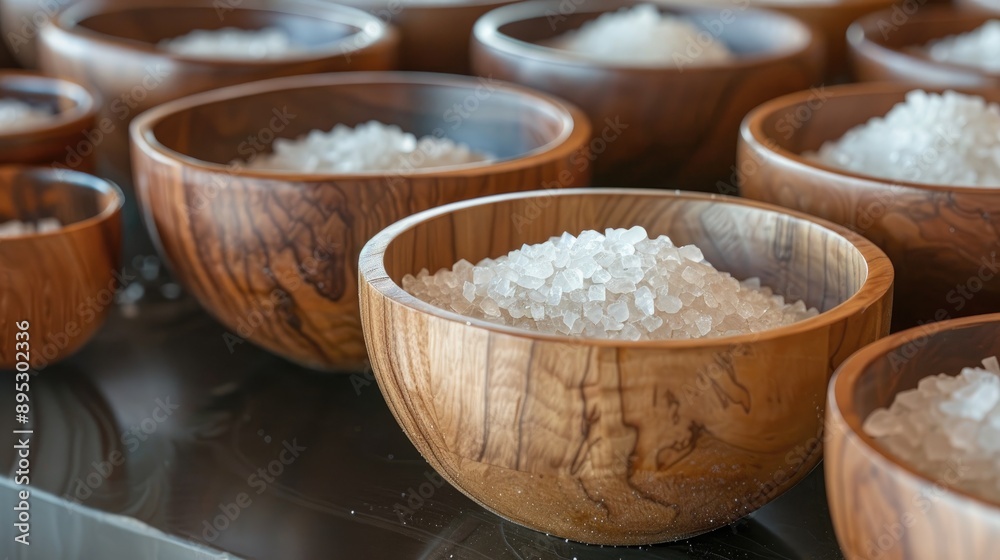 Wooden bowls filled with bath salt Wooden bowls filled with bath salt