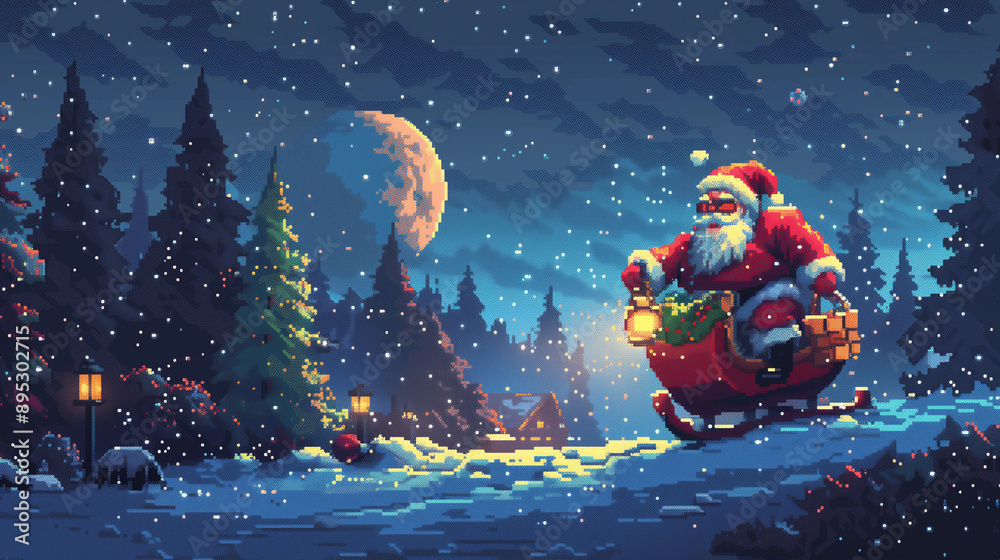 pixel art santa claus in a sleigh with gifts in the winter snow of christmas
