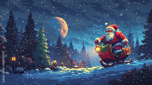 Obraz na płótnie pixel art santa claus in a sleigh with gifts in the winter snow of christmas w salonie
