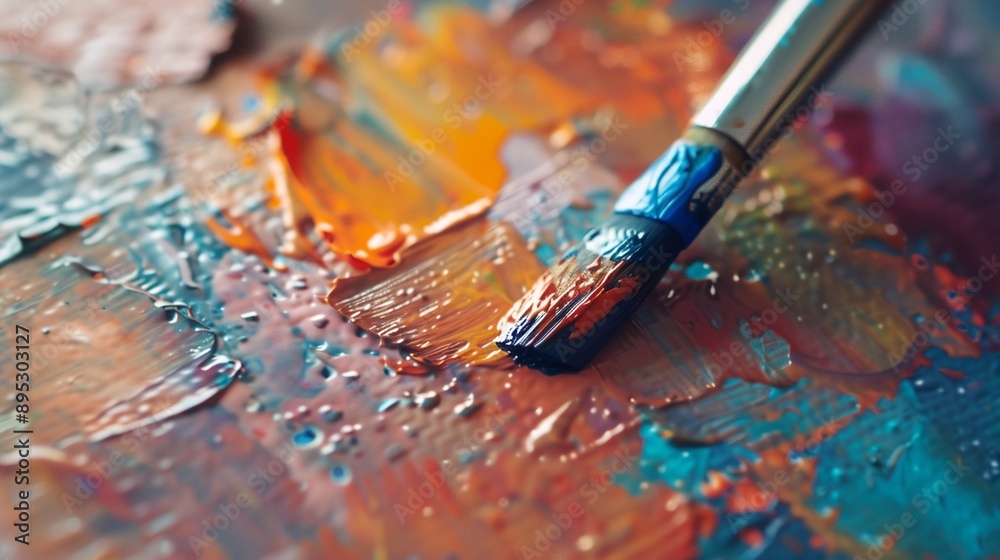 Fototapeta premium a brush is sitting on a colorful painting surface