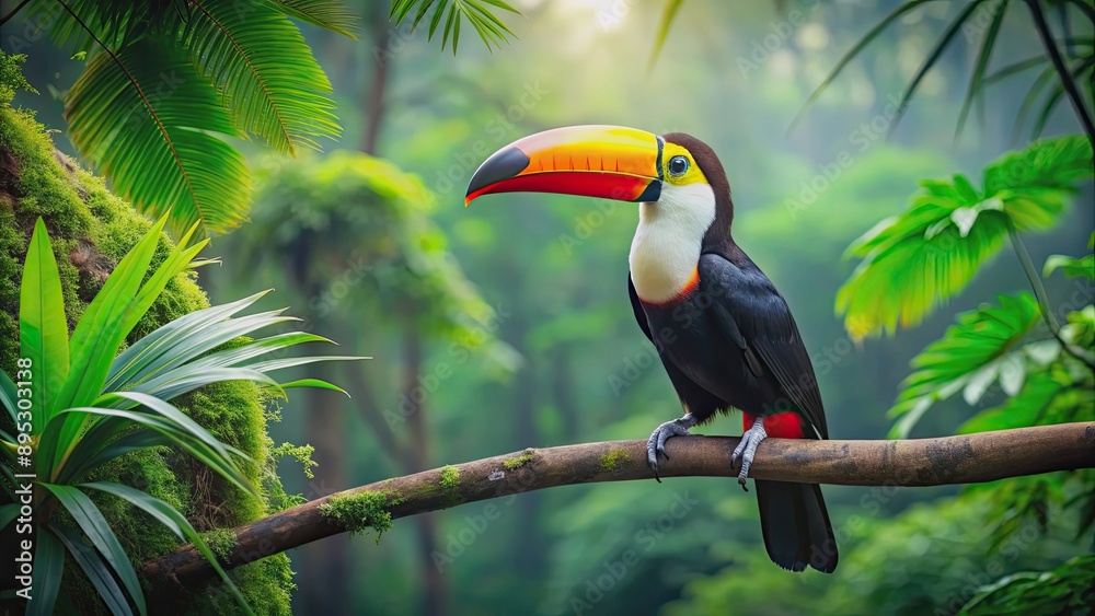 Toucan bird perched on a tree branch in a lush green forest , wildlife, nature, exotic, colorful, tropical, birdwatching Toucan bird perched on a tree branch in a lush green forest , wildlife, nature, exotic, colorful, tropical, birdwatching
