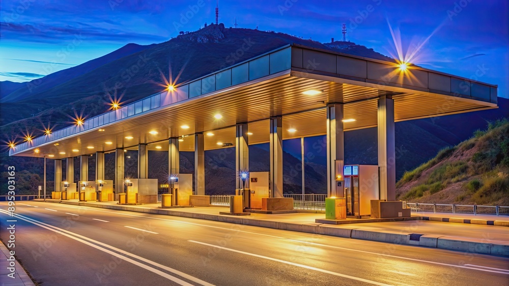 Highway toll collection point illuminated at night in Manilva, Spain , toll booth, highway, collection point, night Highway toll collection point illuminated at night in Manilva, Spain , toll booth, highway, collection point, night