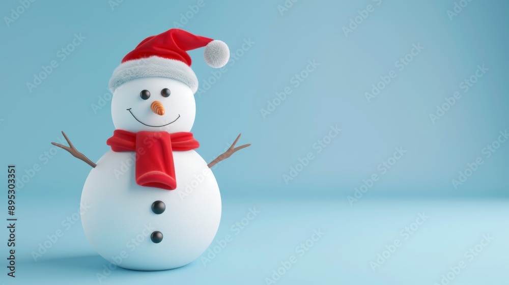 A snowman with a red scarf and a red hat is standing on a blue background A snowman with a red scarf and a red hat is standing on a blue background