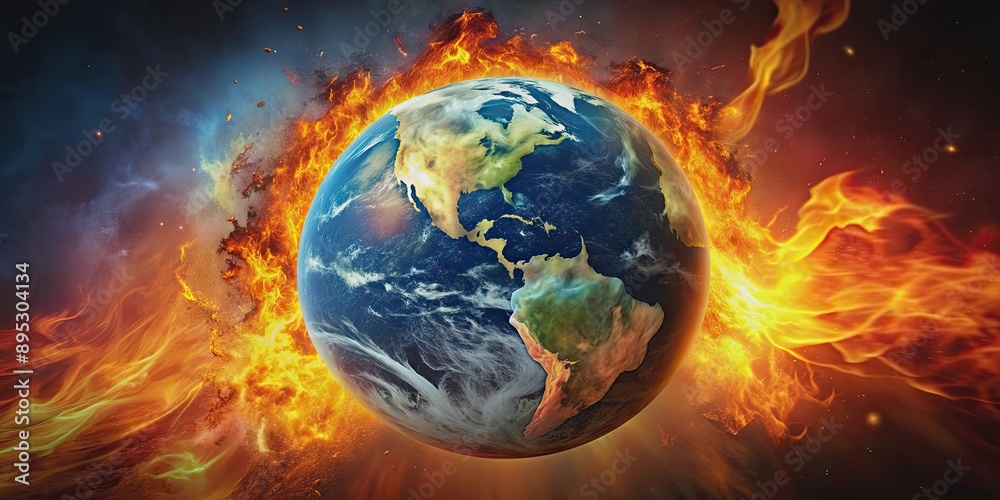Fiery destruction of Earth due to climate change, fire, destruction, planet, global warming, apocalypse, catastrophe Fiery destruction of Earth due to climate change, fire, destruction, planet, global warming, apocalypse, catastrophe