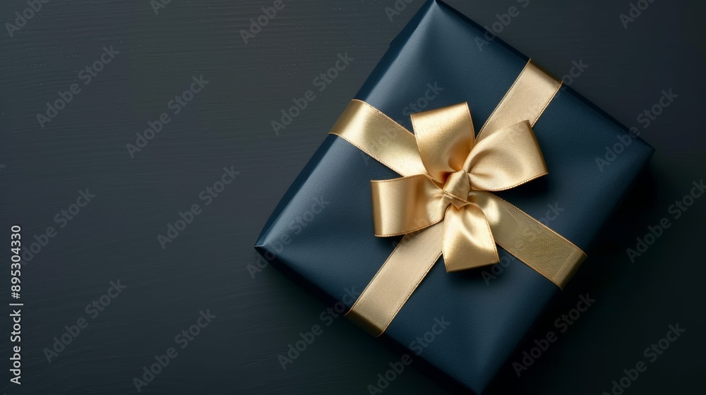 blue box with gold ribbon on top of a dark background blue box with gold ribbon on top of a dark background