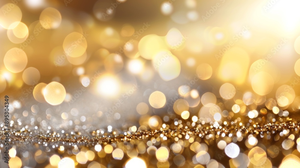 A blurry image of gold and silver glitter with a yellow background A blurry image of gold and silver glitter with a yellow background