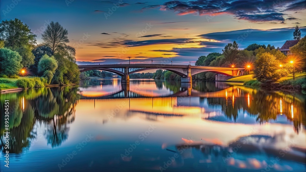 Fototapeta premium Serene evening reflection on river bridge , calm, peaceful, sunset, water, bridge, reflection, tranquil, nature, evening