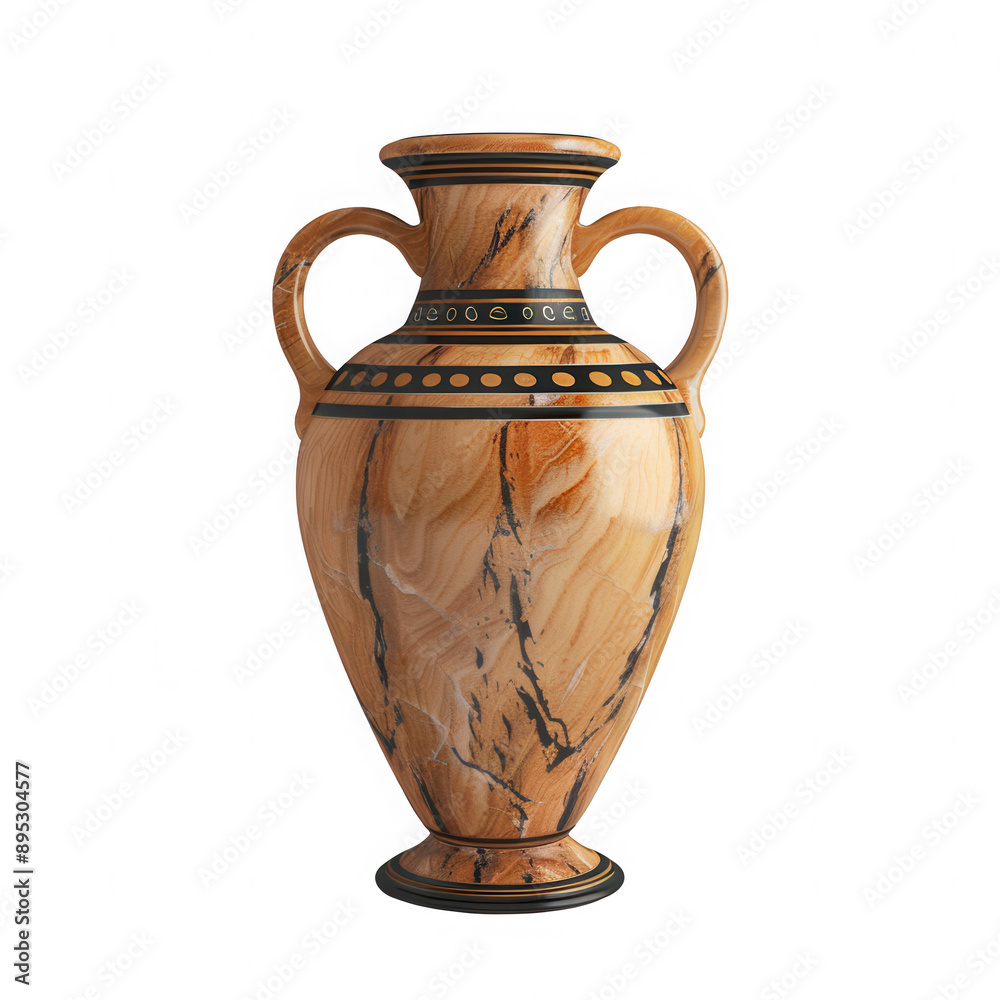 A wooden vase with a black and white design sits on a white background A wooden vase with a black and white design sits on a white background