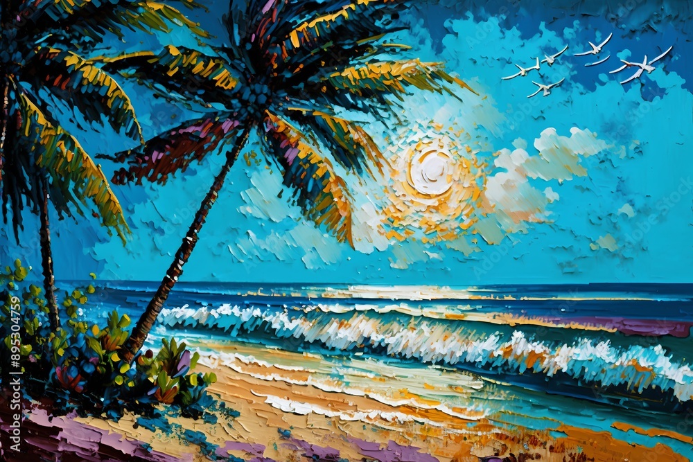 Original oil painting of tropical beach with palm trees and seagulls ...