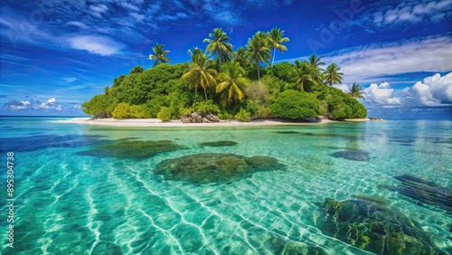 Crystal clear waters of a tropical island surrounded by lush vegetation and sandy beaches, water, ocean, sea, island, tropical