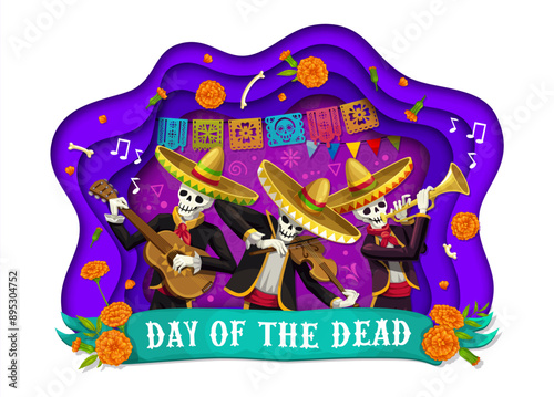 Day of the dead Mexican holiday paper cut banner with mariachi musicians and marigold flowers. Dia de los Muertos festive traditional vector papercut with skeleton artists, papel picado flags, tagetes