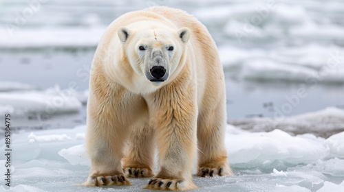 Starving polar bear on ice, highlighting the impact of global warming on endangered species, ample copy space for text, vivid details throughout the scene, deep depth of field.