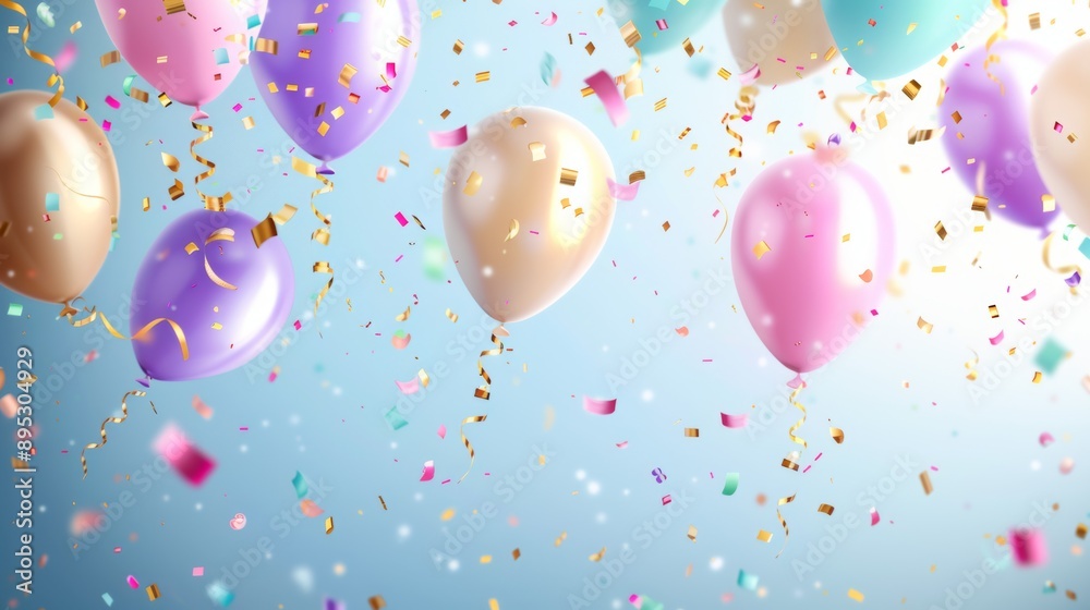 A bunch of colorful balloons with gold confetti falling around them A bunch of colorful balloons with gold confetti falling around them