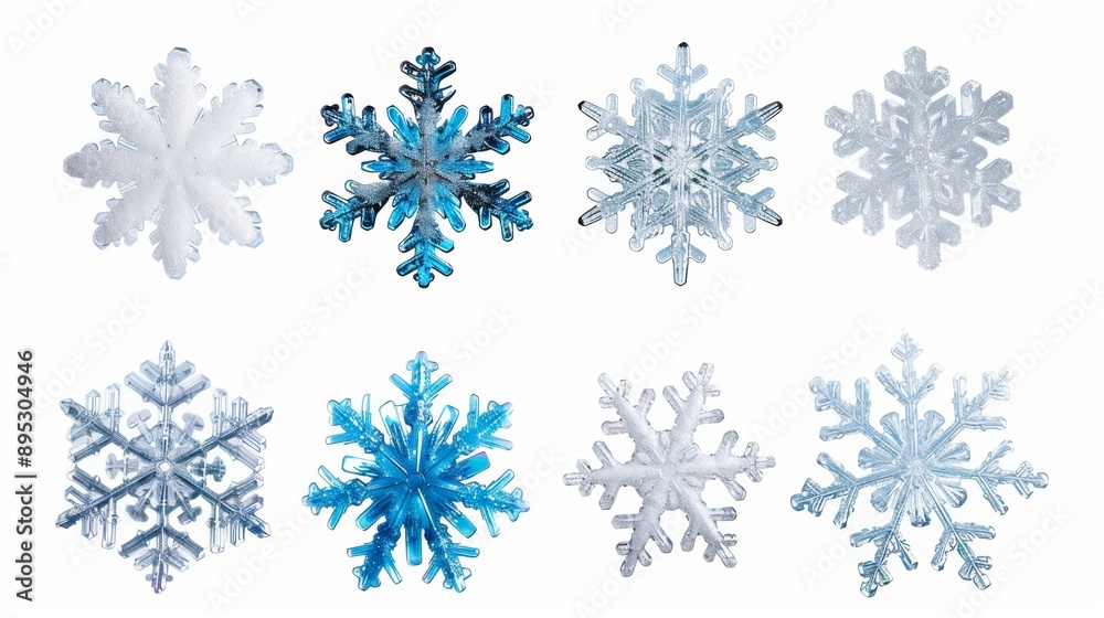 A set of six snowflakes with blue and white colors A set of six snowflakes with blue and white colors