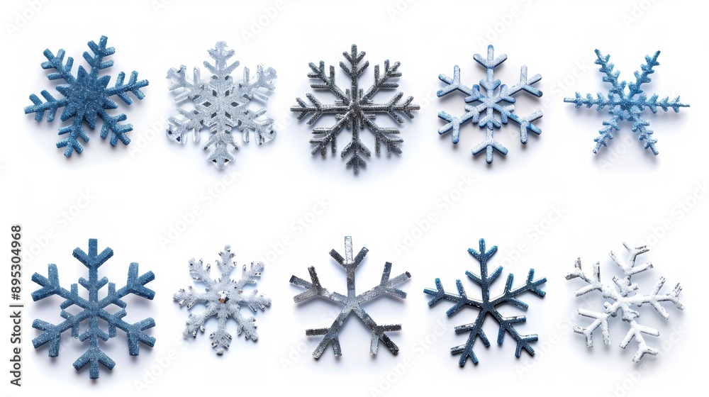 A row of snowflakes with different sizes and shapes A row of snowflakes with different sizes and shapes