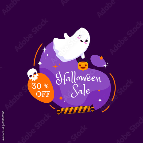 Halloween sale banner with holiday sweets and candy, kawaii ghost and amoeba blob. Vector sale banner with seasonal discount offer and cute baby spook character clutching a pumpkin bucket with treats