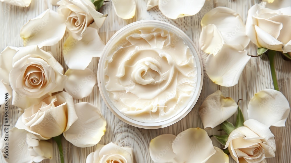 Cosmetic Cream Adorned with White Rose Petals on Light Wood Surface Cosmetic Cream Adorned with White Rose Petals on Light Wood Surface