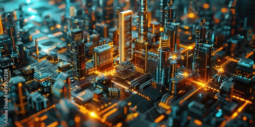 Aerial view of a city at night with illuminated buildings and streets