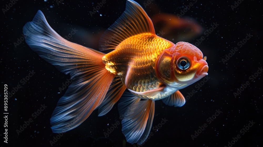 A Single Goldfish Swims Against a Dark Background