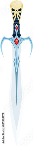 Cartoon Halloween magic dagger. Medieval fantasy sword or saber. knight weapon. Vector steel broadsword blade, magical glaive, steel armor with sharp blade and handle, decorated with precious gems