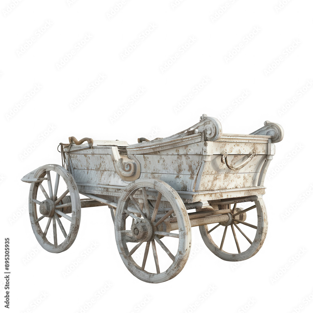 Fototapeta premium A white wagon with rusted wheels sits on a white background