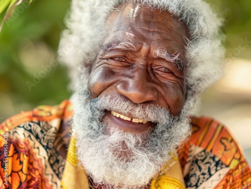 A gentle elderly gentleman sporting a long white beard and a warm smile, perfect for representing wisdom, kindness, or age-related themes photo