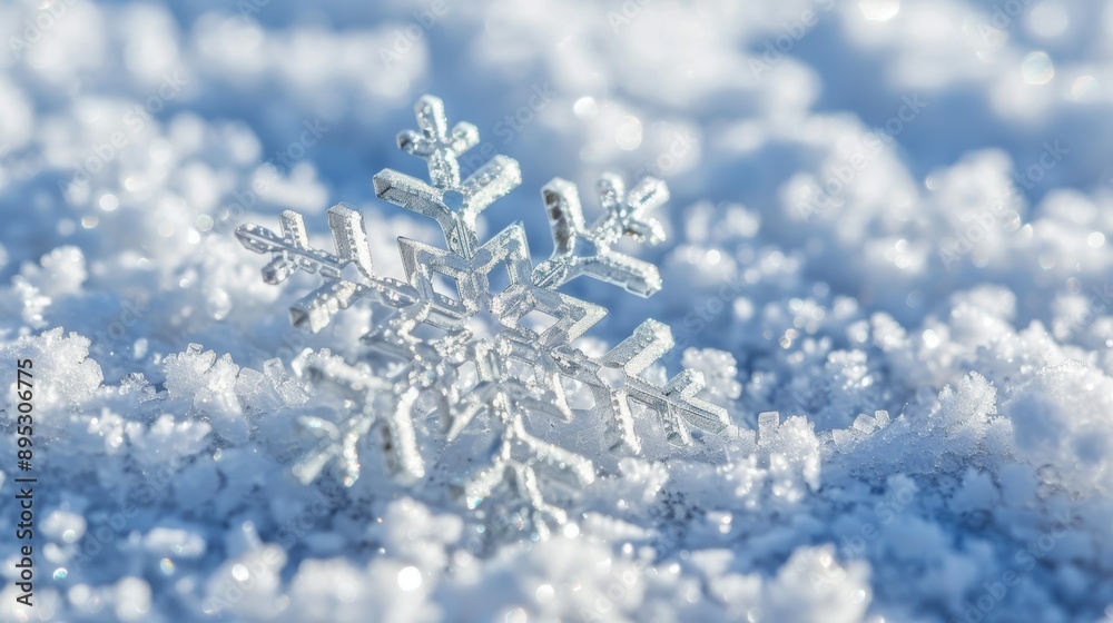 A snowflake is on top of the snow A snowflake is on top of the snow