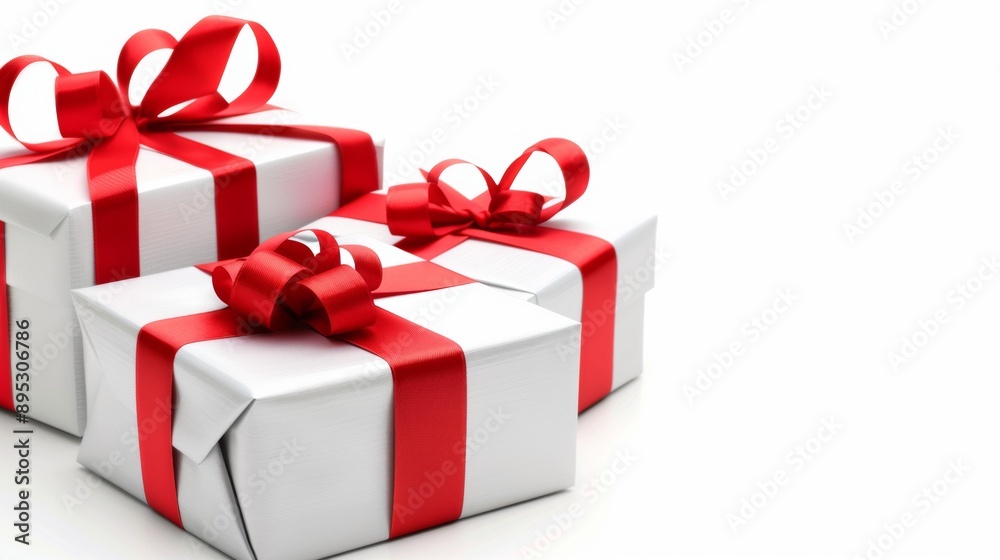 Three white boxes with red bows on top of each other Three white boxes with red bows on top of each other