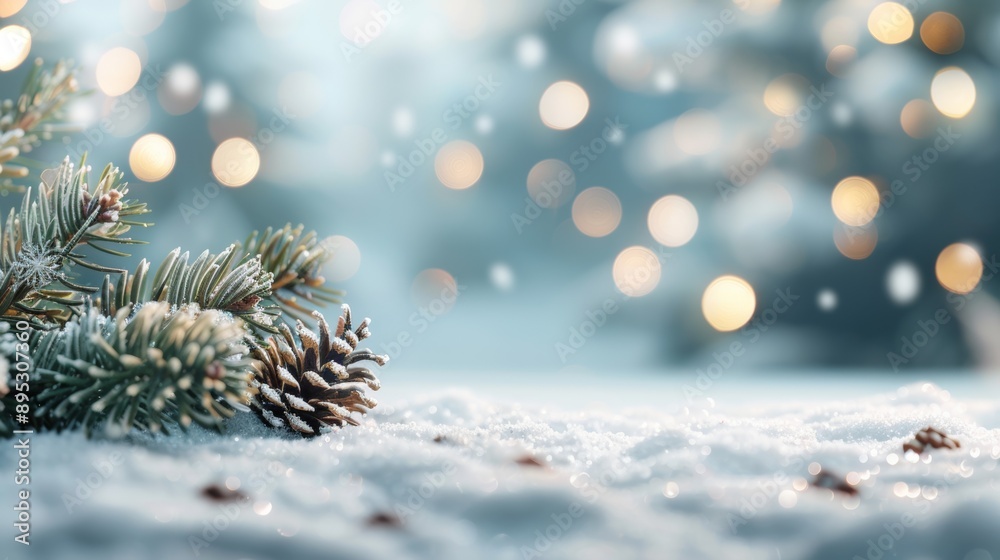 A pine tree with snow on it and pine cones on the ground A pine tree with snow on it and pine cones on the ground