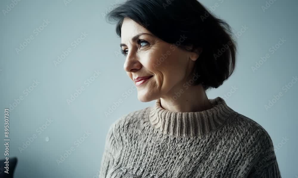 portrait of a confident Mexican woman in her 40s wearing a cozy sweater against a minimalist or empty room background portrait of a confident Mexican woman in her 40s wearing a cozy sweater against a minimalist or empty room background