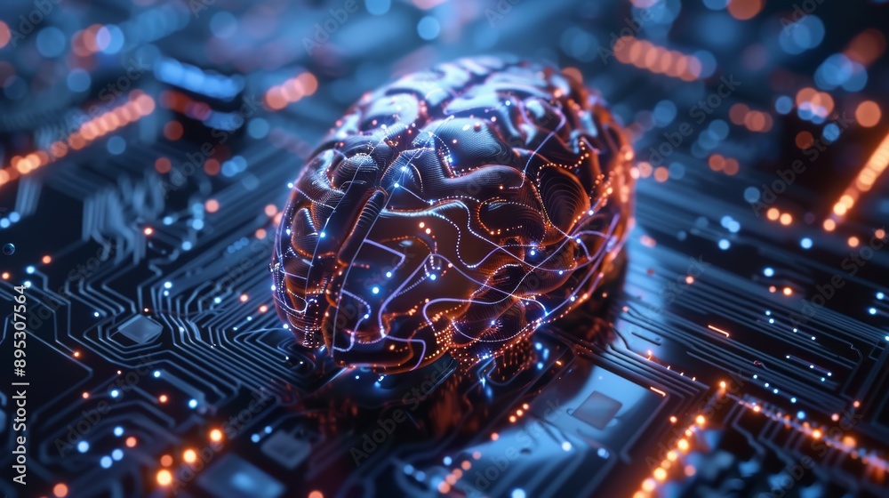 Fototapeta premium Detailed close-up of a cyber brain with neural circuits and quantum computing technology